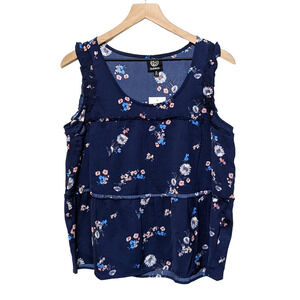 Bobeau M Navy Blue Floral Sleeveless Ruffle Tier Blouse Top NWT Women's